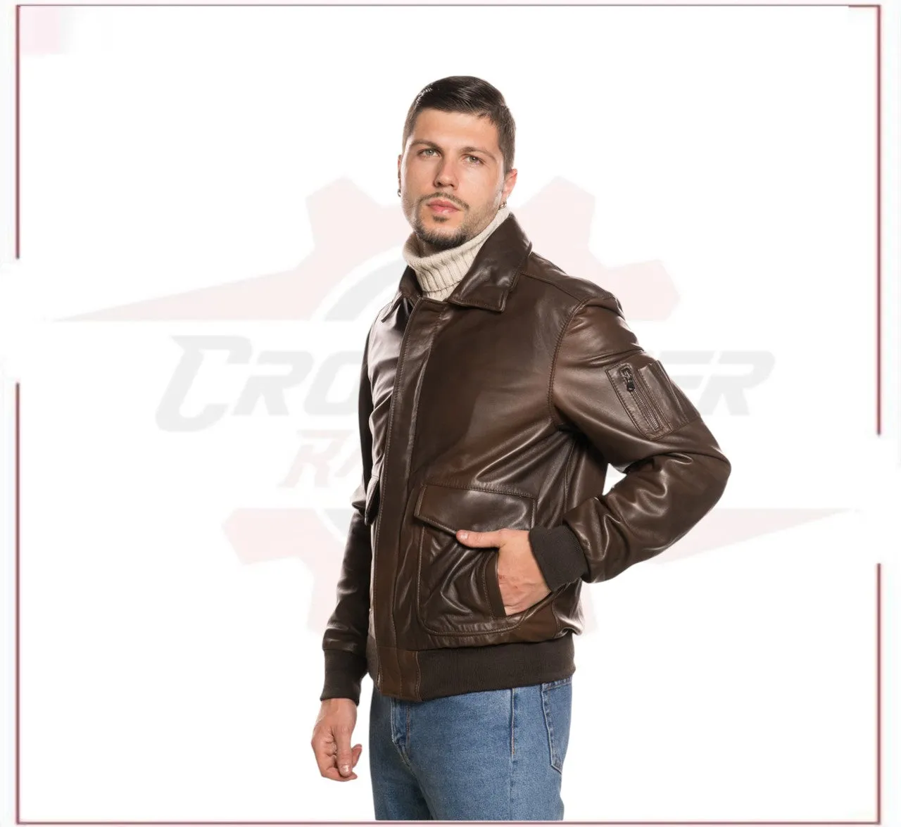 Men's Bomber Jacket in Genuine Dark Brown Leather