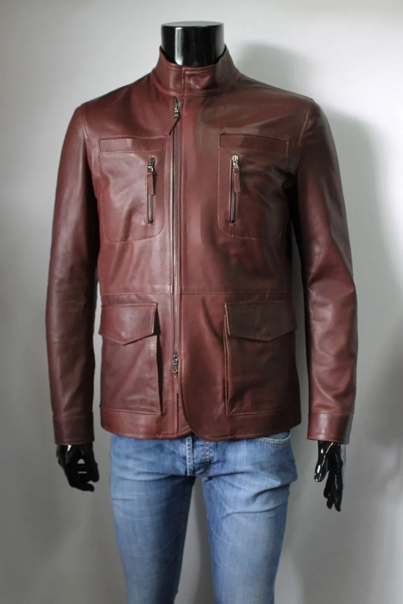 Men’s Brown Zipper Closure Leather Blazer TB027