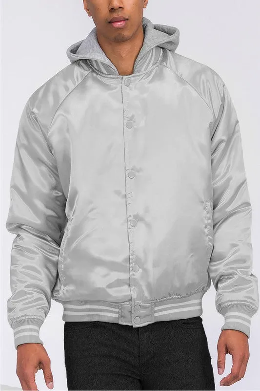 Men's Satin Crystal Blue Varsity Bomber Jacket w/Hood