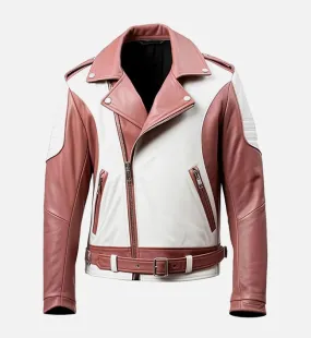 Men's White and Rosy Brown Biker Leather Jacket