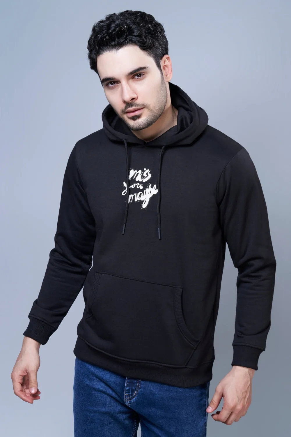 Miss You Maybe Printed Black Hoodie