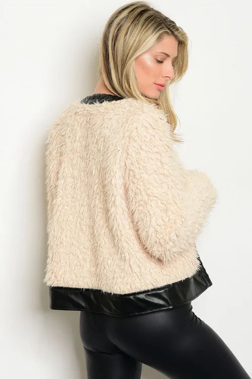 Misses Cream Faux Fur Jacket with Leather Accents