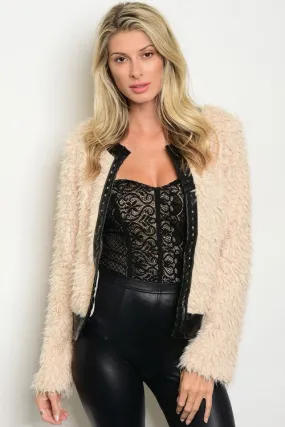 Misses Cream Faux Fur Jacket with Leather Accents