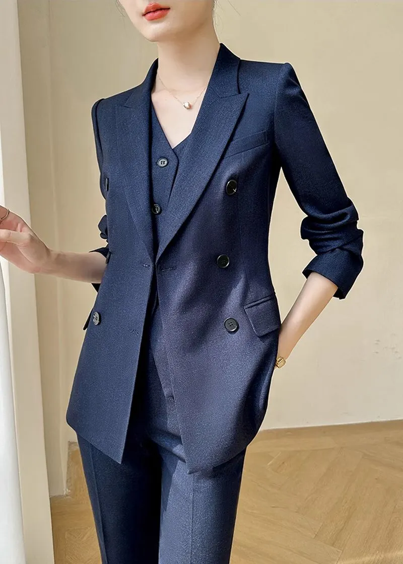 Navy Blue Double Breasted Blazer Vest Pants Suit Three-Piece Set