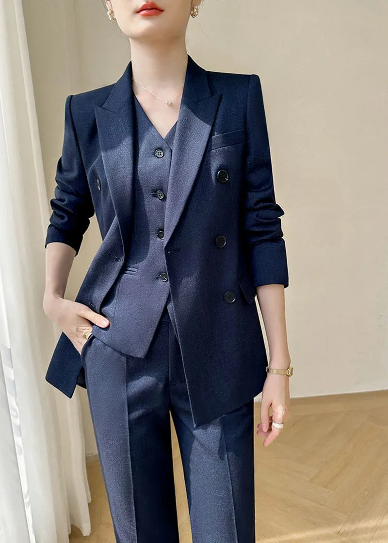 Navy Blue Double Breasted Blazer Vest Pants Suit Three-Piece Set