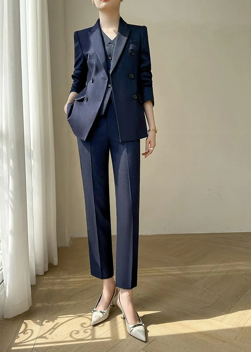 Navy Blue Double Breasted Blazer Vest Pants Suit Three-Piece Set