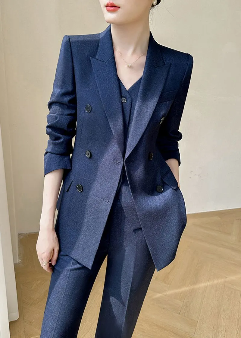 Navy Blue Double Breasted Blazer Vest Pants Suit Three-Piece Set