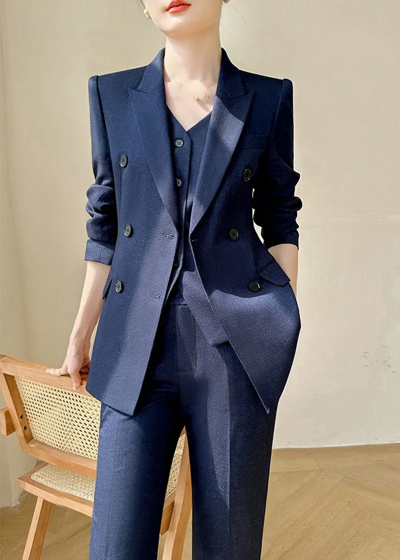 Navy Blue Double Breasted Blazer Vest Pants Suit Three-Piece Set