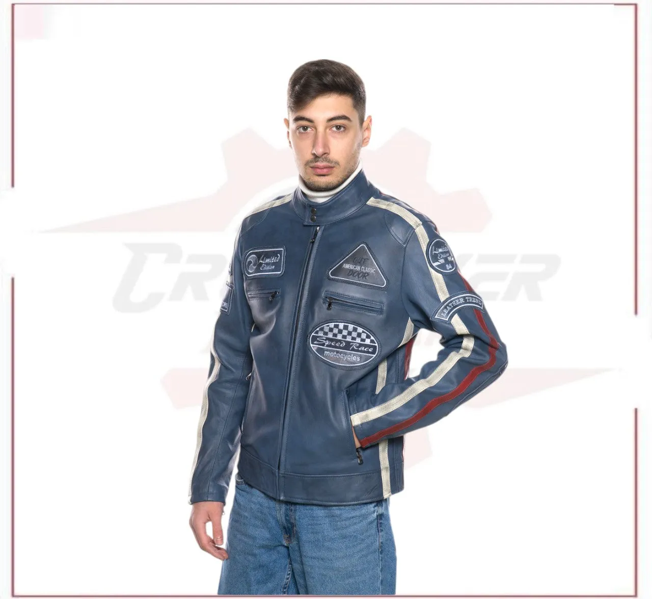 New Biker Man's Jacket in genuine Blue Leather