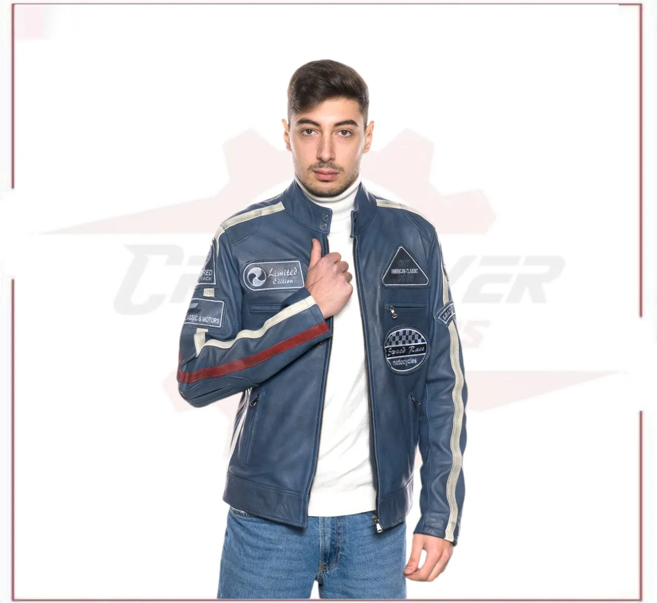 New Biker Man's Jacket in genuine Blue Leather