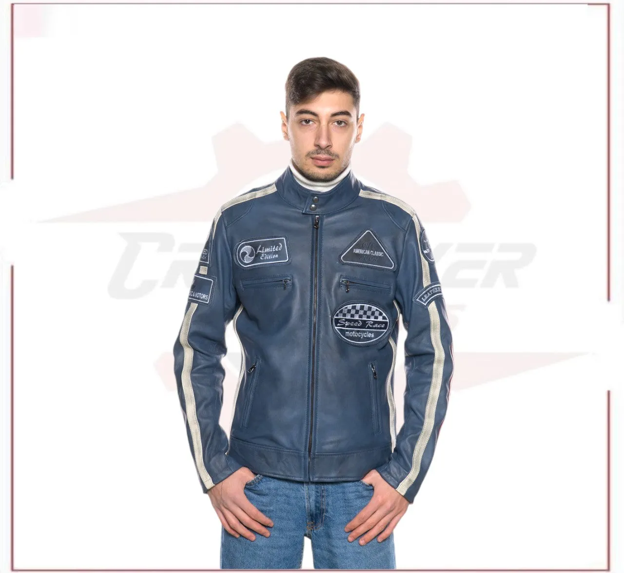 New Biker Man's Jacket in genuine Blue Leather