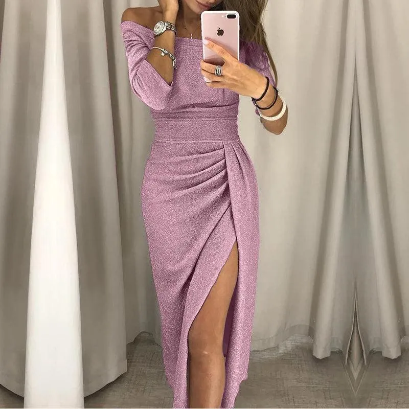 One-shoulder Long-sleeved Knee-length Dress