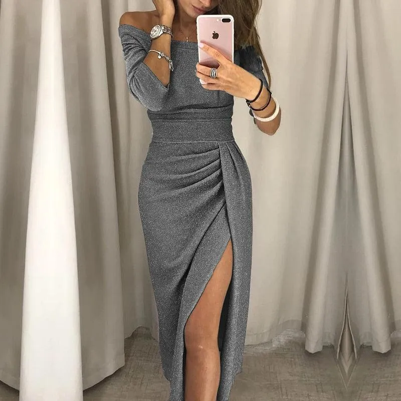 One-shoulder Long-sleeved Knee-length Dress