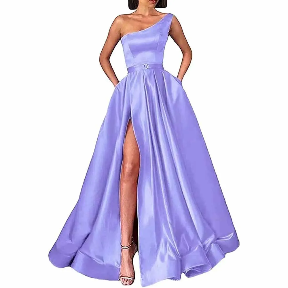 One Shoulder Prom Gown Satin Long Prom Dresses Slit A-line Bodice Formal Evening Party Gowns