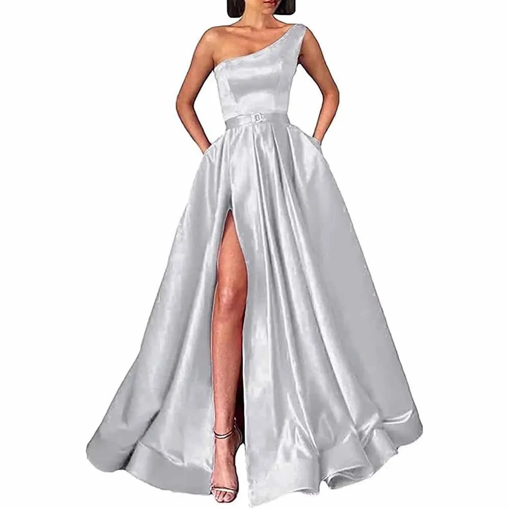 One Shoulder Prom Gown Satin Long Prom Dresses Slit A-line Bodice Formal Evening Party Gowns