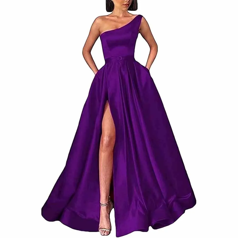 One Shoulder Prom Gown Satin Long Prom Dresses Slit A-line Bodice Formal Evening Party Gowns