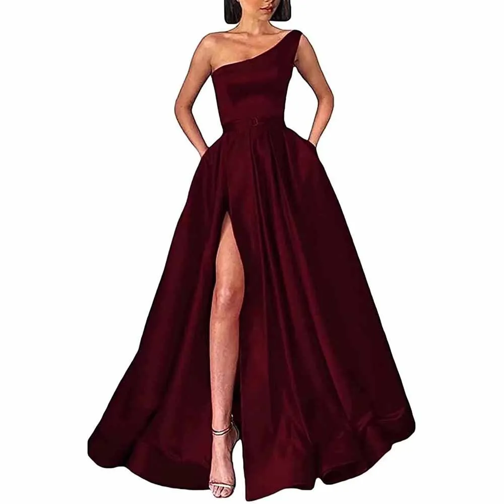 One Shoulder Prom Gown Satin Long Prom Dresses Slit A-line Bodice Formal Evening Party Gowns