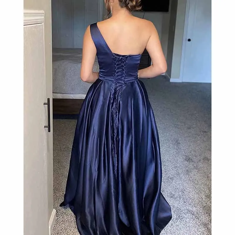 One Shoulder Prom Gown Satin Long Prom Dresses Slit A-line Bodice Formal Evening Party Gowns