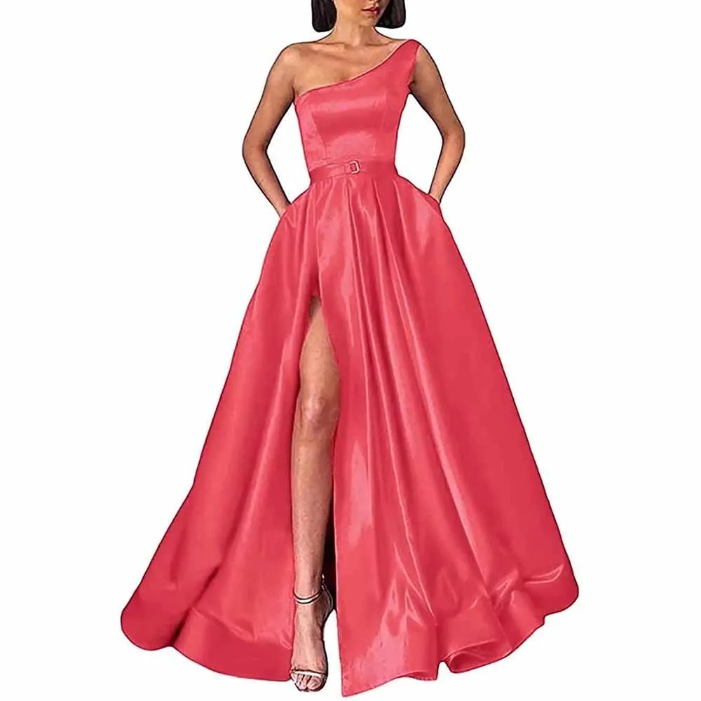 One Shoulder Prom Gown Satin Long Prom Dresses Slit A-line Bodice Formal Evening Party Gowns