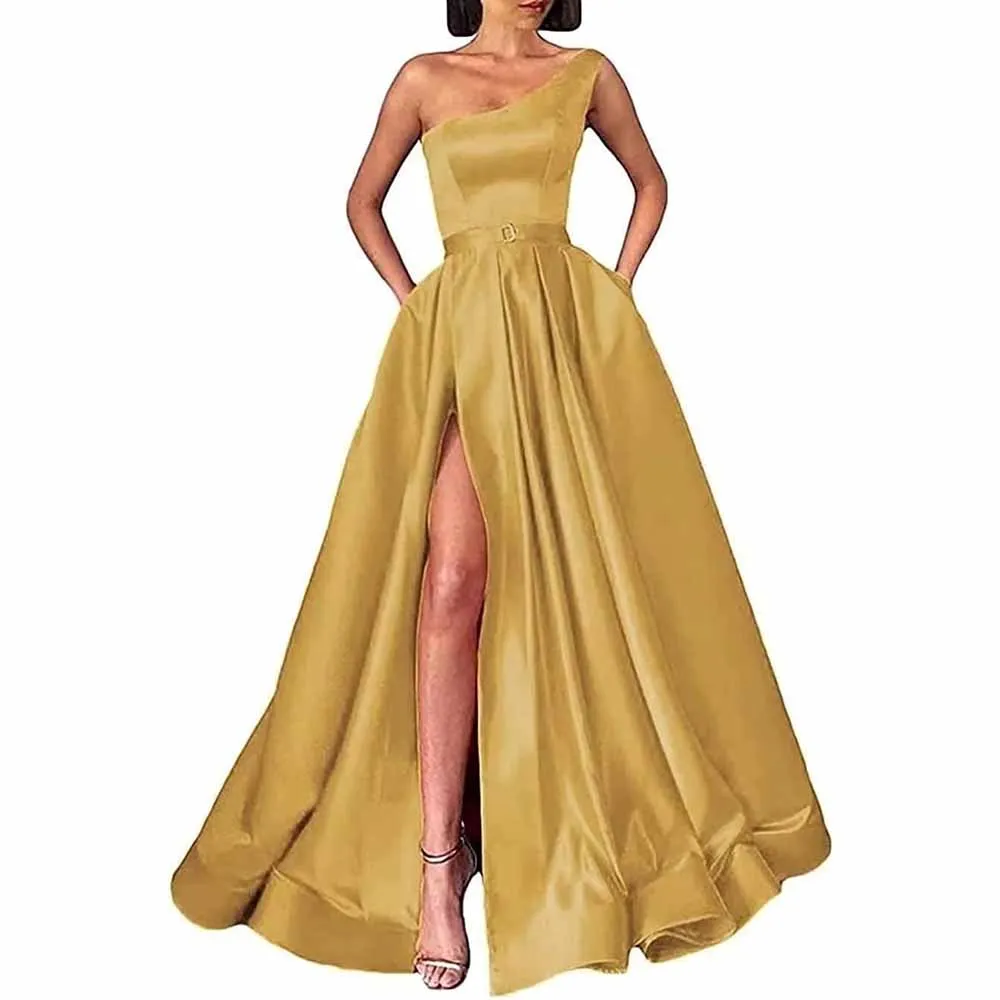 One Shoulder Prom Gown Satin Long Prom Dresses Slit A-line Bodice Formal Evening Party Gowns