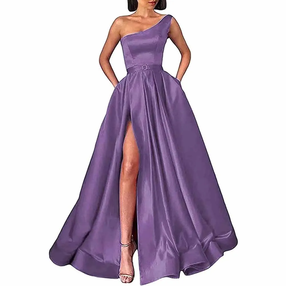 One Shoulder Prom Gown Satin Long Prom Dresses Slit A-line Bodice Formal Evening Party Gowns