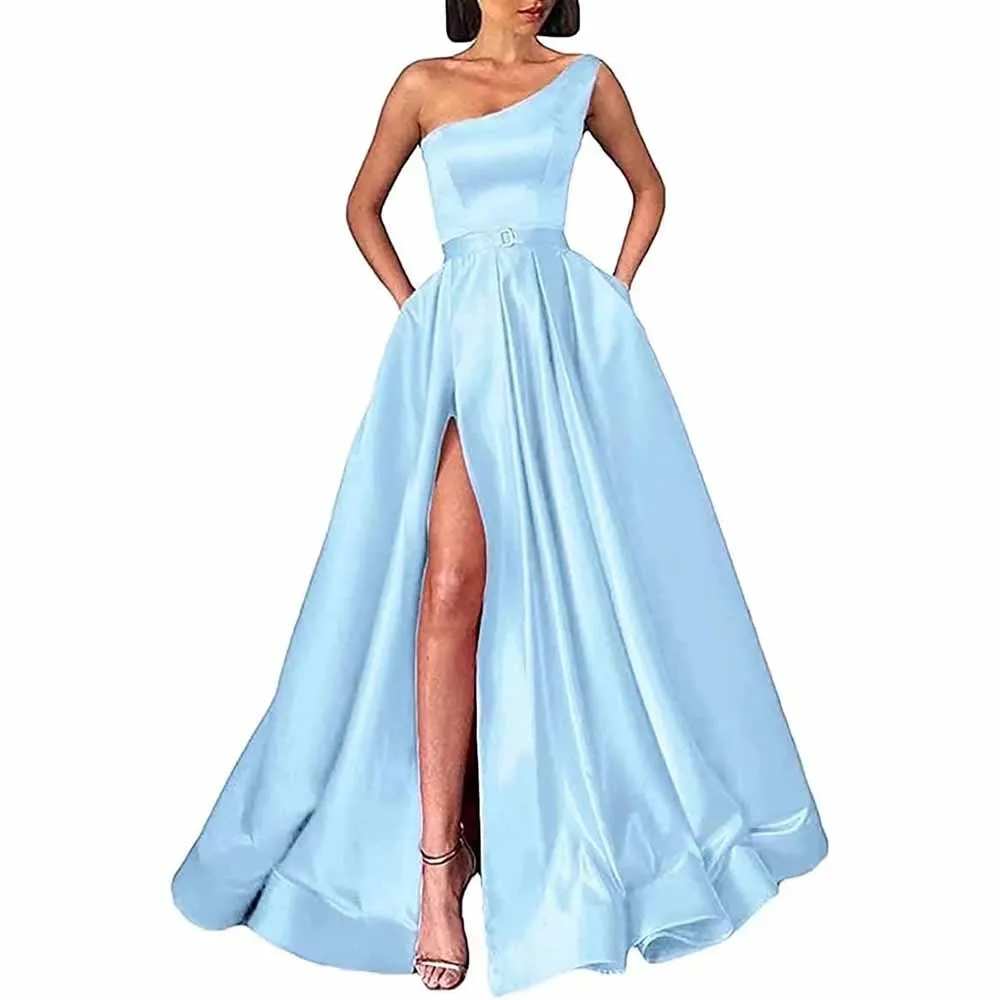 One Shoulder Prom Gown Satin Long Prom Dresses Slit A-line Bodice Formal Evening Party Gowns