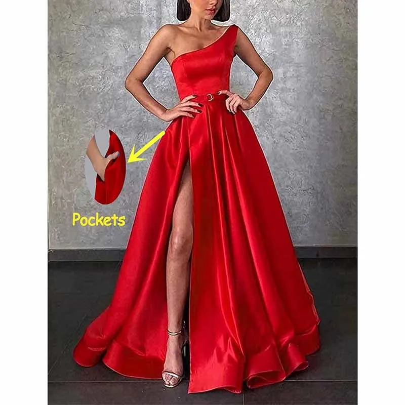 One Shoulder Prom Gown Satin Long Prom Dresses Slit A-line Bodice Formal Evening Party Gowns