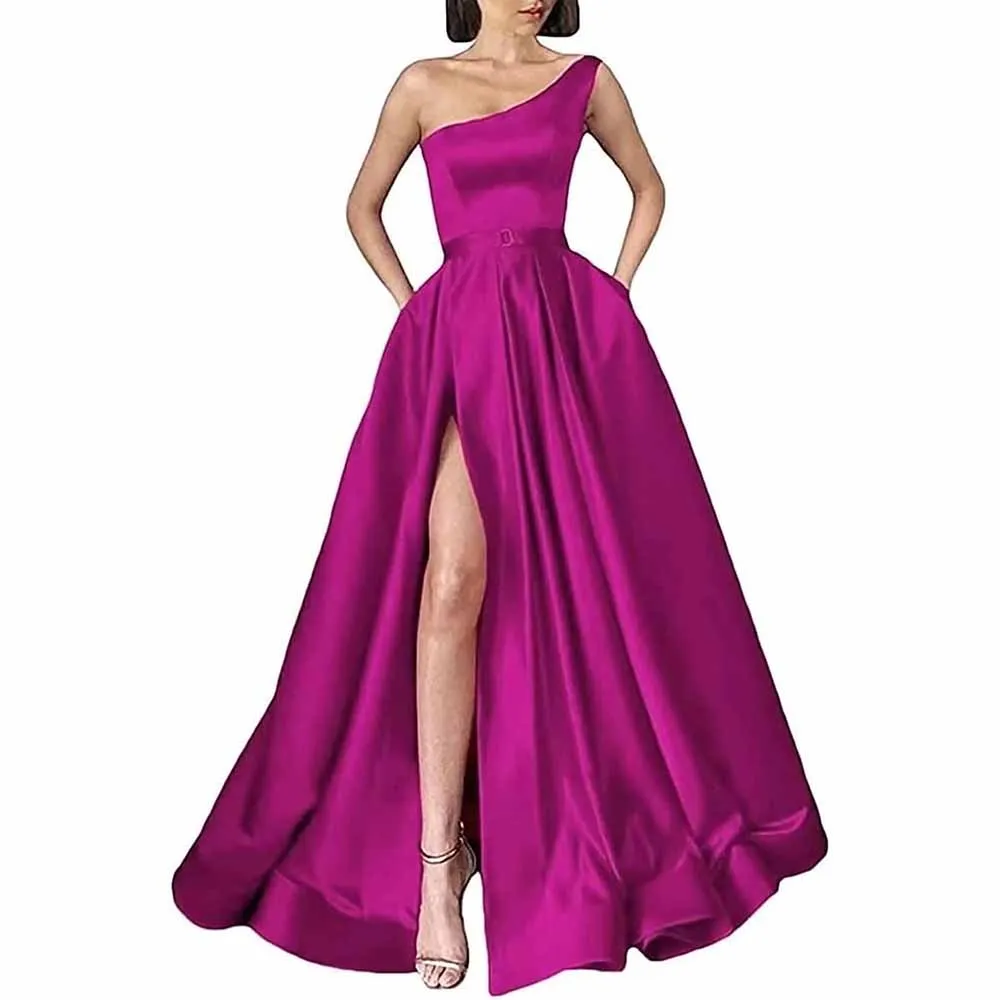 One Shoulder Prom Gown Satin Long Prom Dresses Slit A-line Bodice Formal Evening Party Gowns