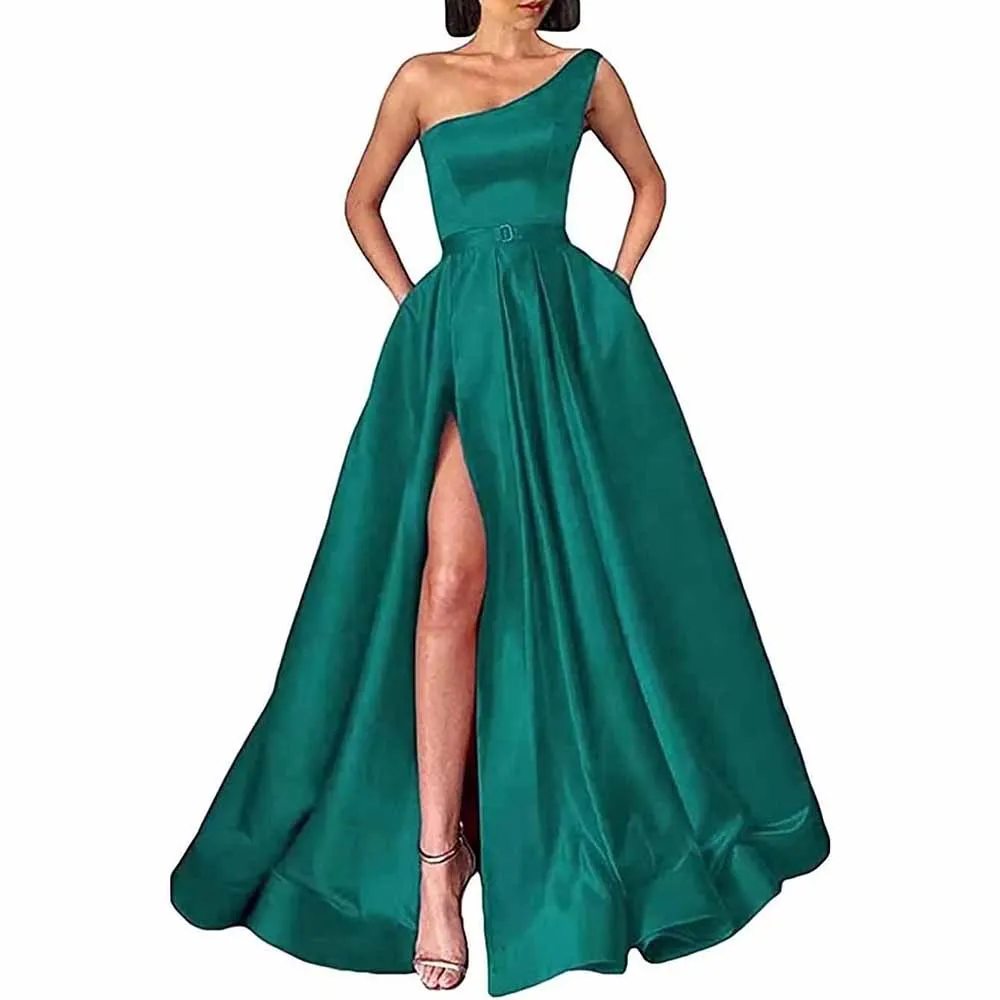 One Shoulder Prom Gown Satin Long Prom Dresses Slit A-line Bodice Formal Evening Party Gowns