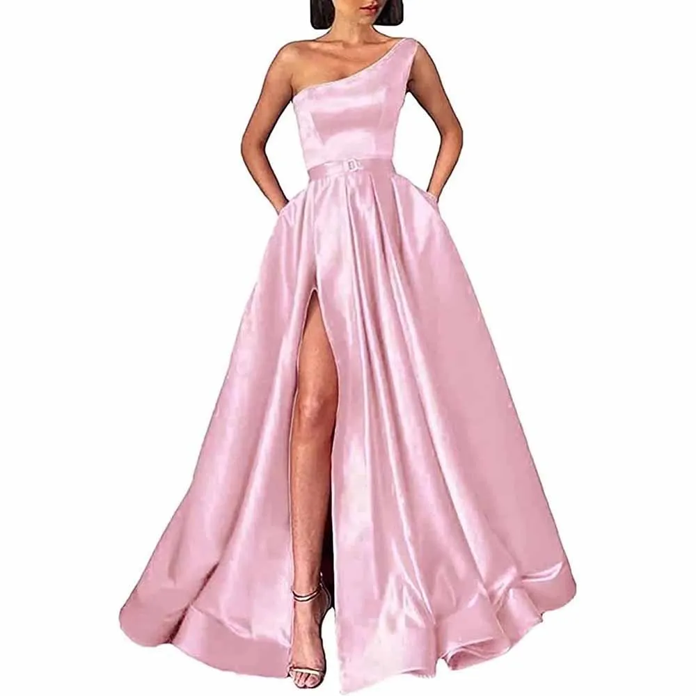 One Shoulder Prom Gown Satin Long Prom Dresses Slit A-line Bodice Formal Evening Party Gowns