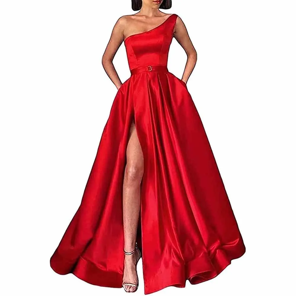 One Shoulder Prom Gown Satin Long Prom Dresses Slit A-line Bodice Formal Evening Party Gowns