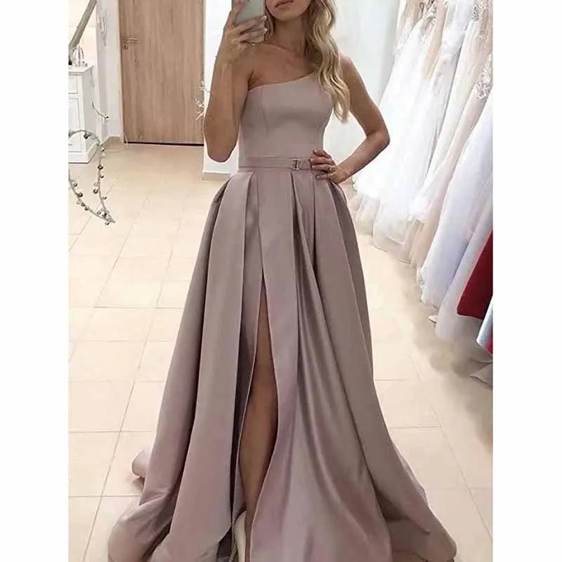 One Shoulder Prom Gown Satin Long Prom Dresses Slit A-line Bodice Formal Evening Party Gowns