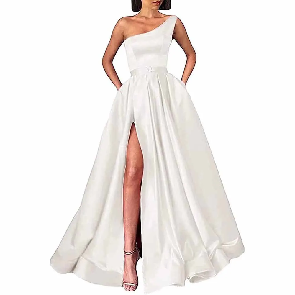 One Shoulder Prom Gown Satin Long Prom Dresses Slit A-line Bodice Formal Evening Party Gowns