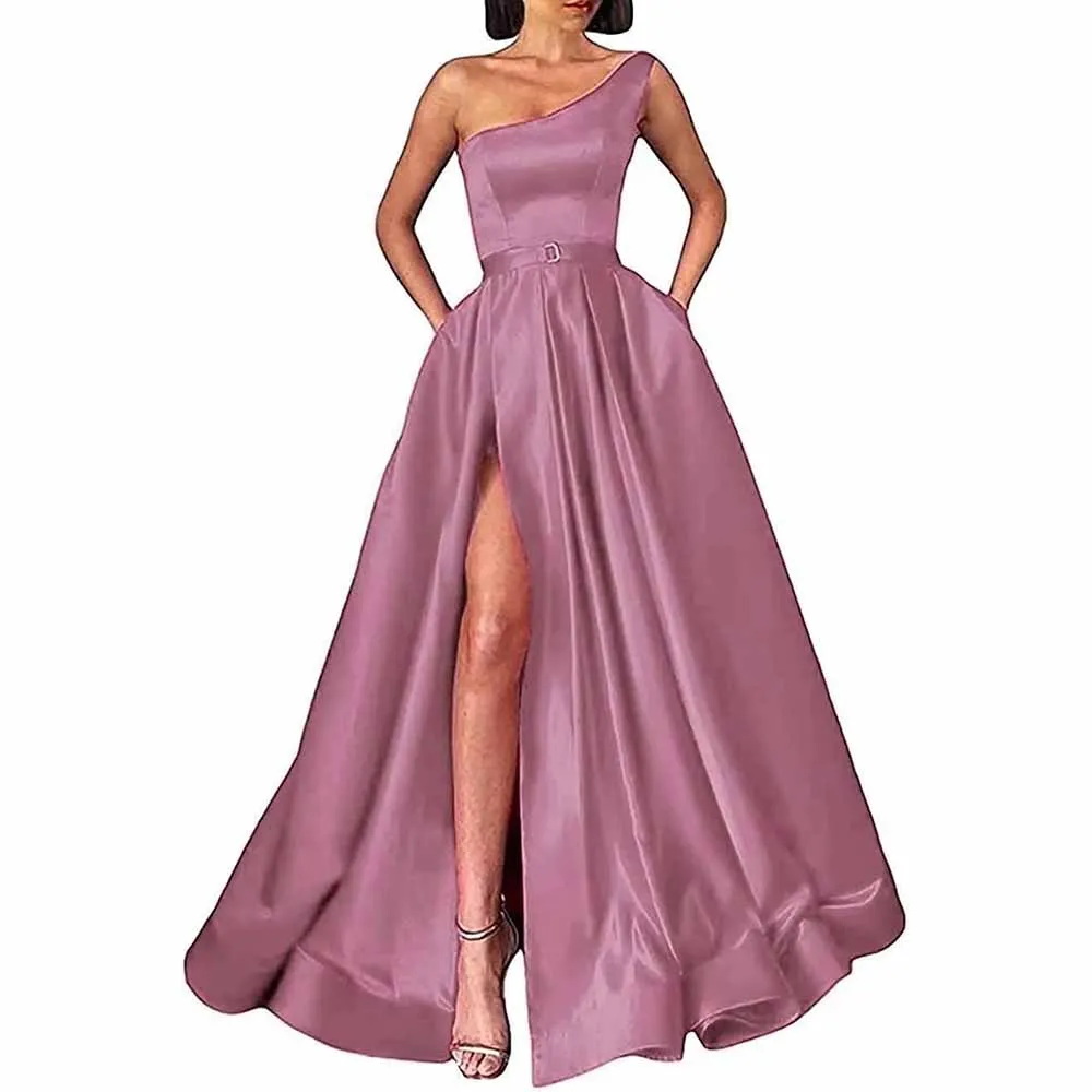 One Shoulder Prom Gown Satin Long Prom Dresses Slit A-line Bodice Formal Evening Party Gowns