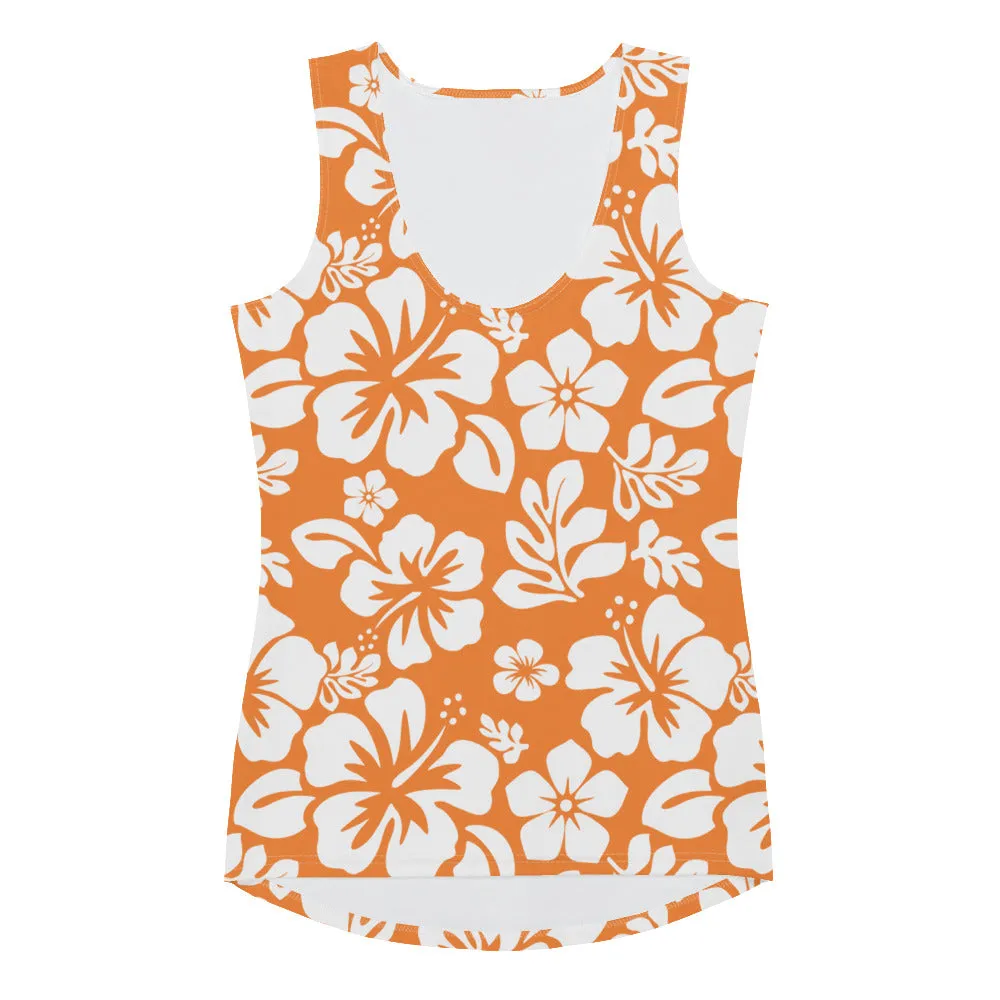 Orange and White Hawaiian Flowers Women's Athletic Swim Tank Top