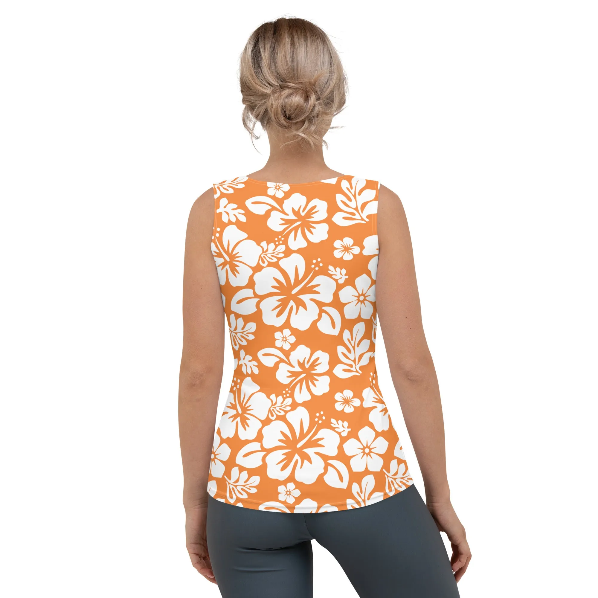 Orange and White Hawaiian Flowers Women's Athletic Swim Tank Top