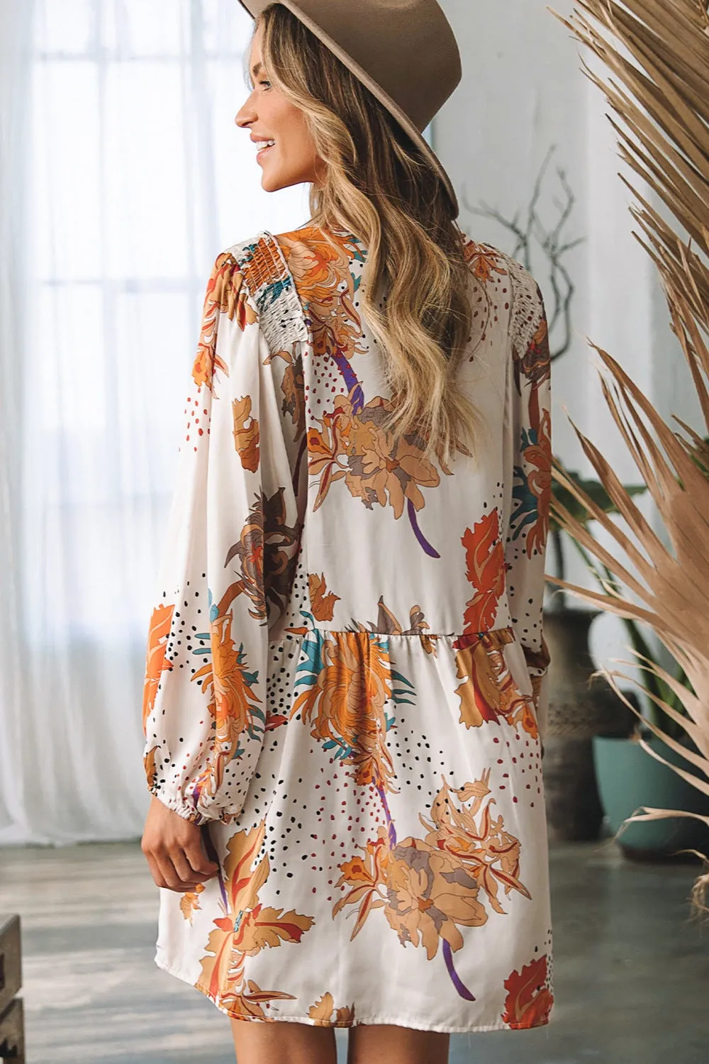 Printed V-Neck Balloon Sleeve Mini Dress