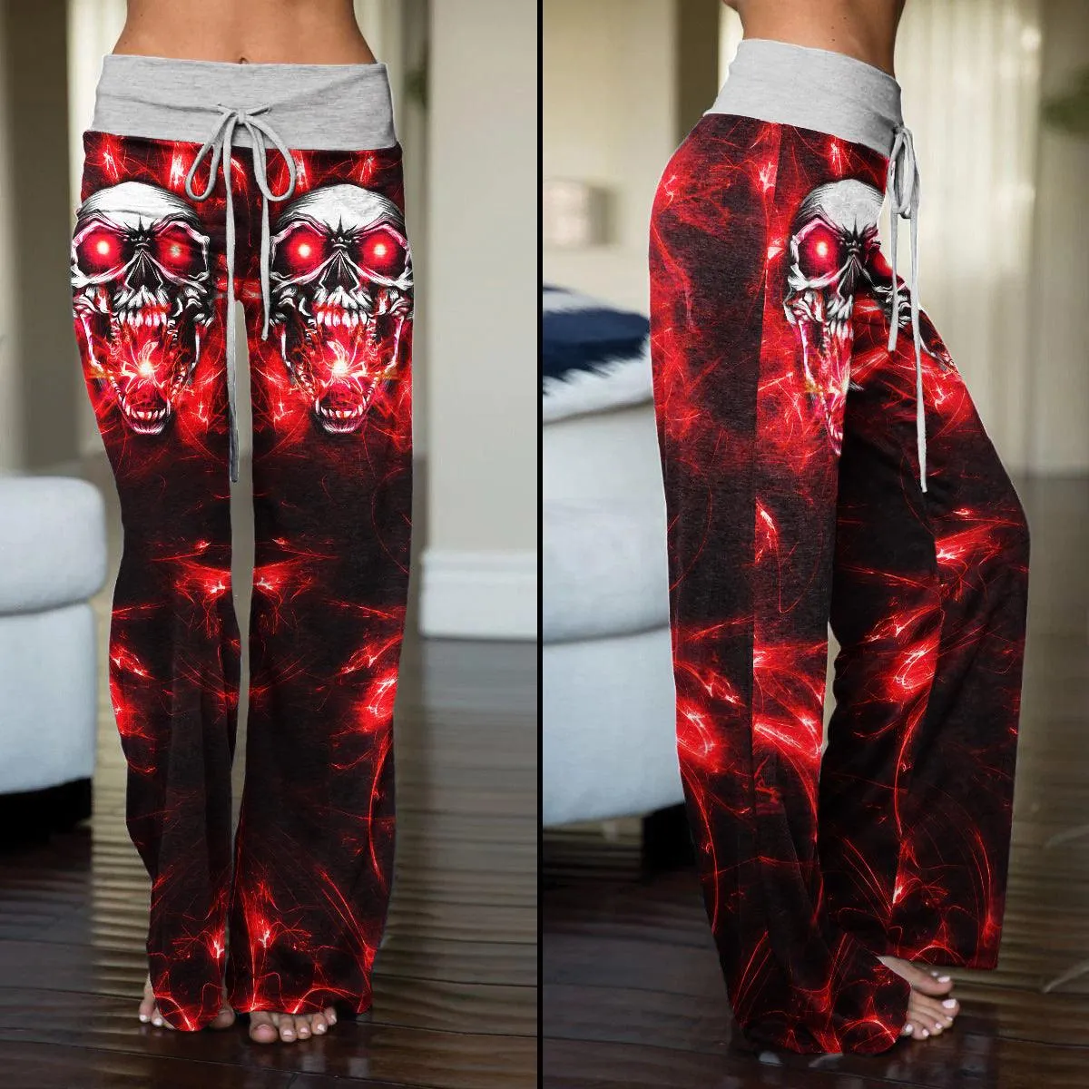 Red Energy Abstract Skull High-waisted Wide Leg Pants