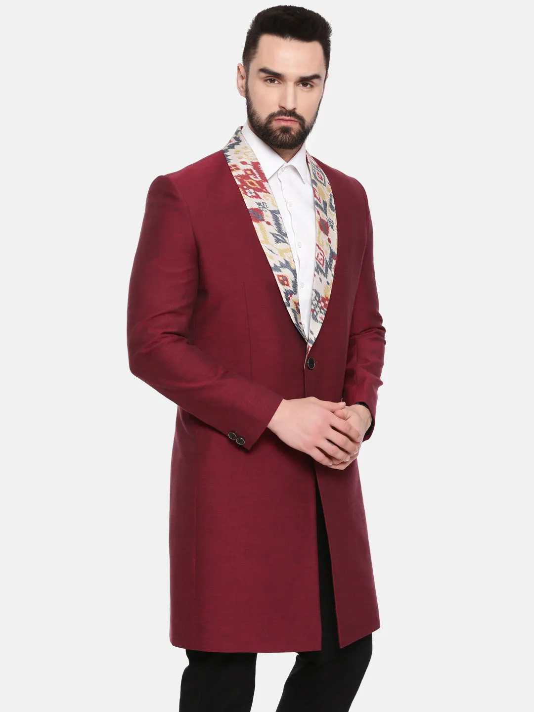 Red Printed Long Trench Coat - MMTC004