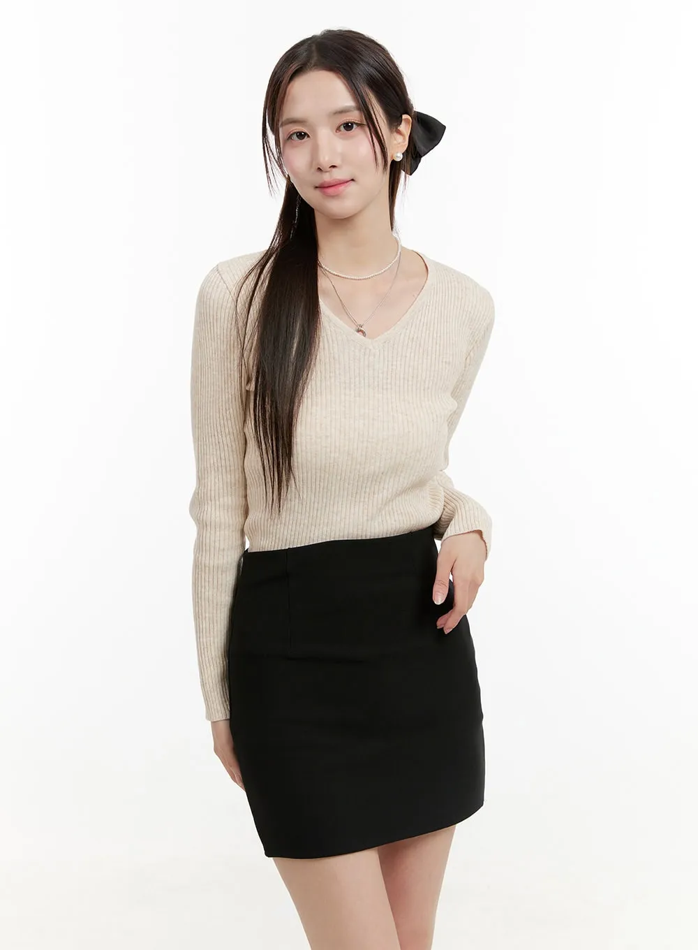 Ribbed Knit V-Neck Long Sleeve Top OG429