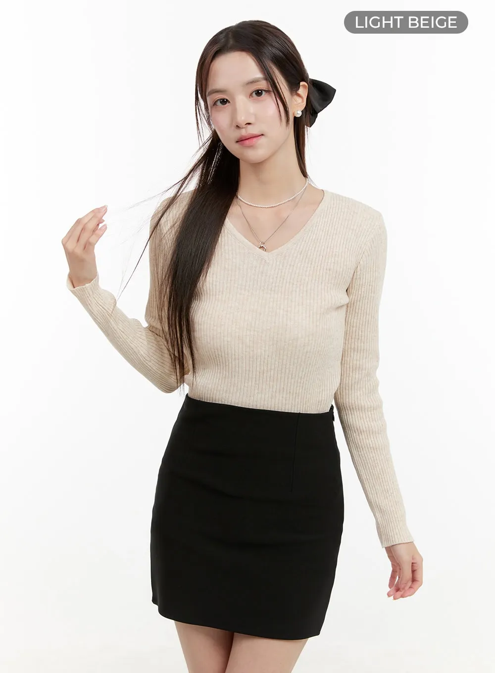 Ribbed Knit V-Neck Long Sleeve Top OG429