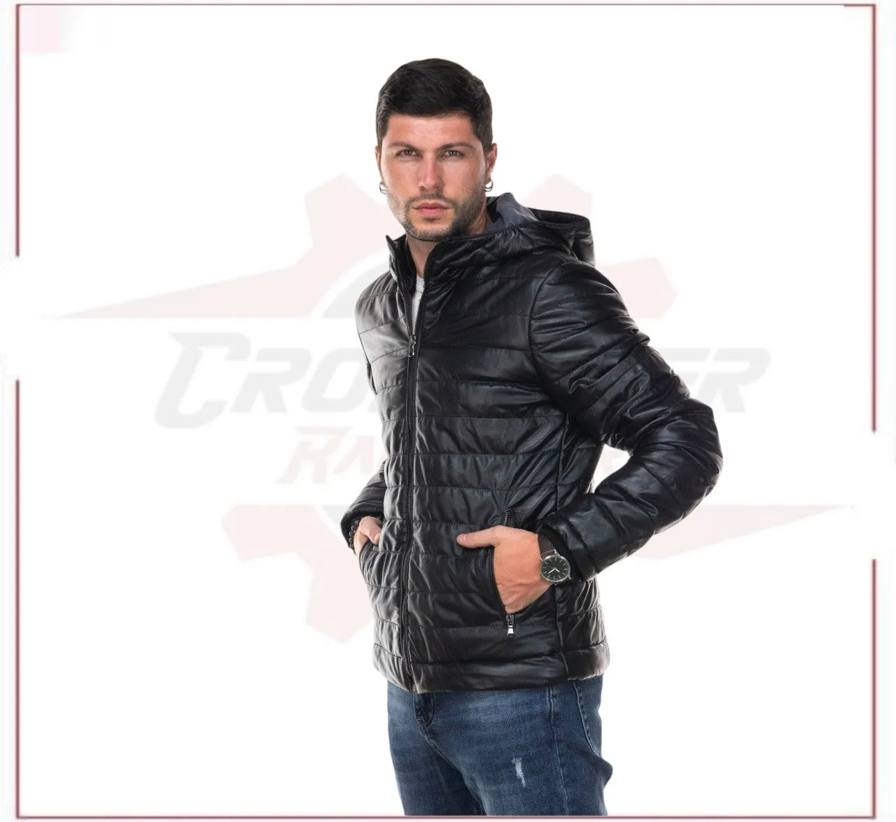 Rio - Men's Down Jacket in Genuine Black Leather