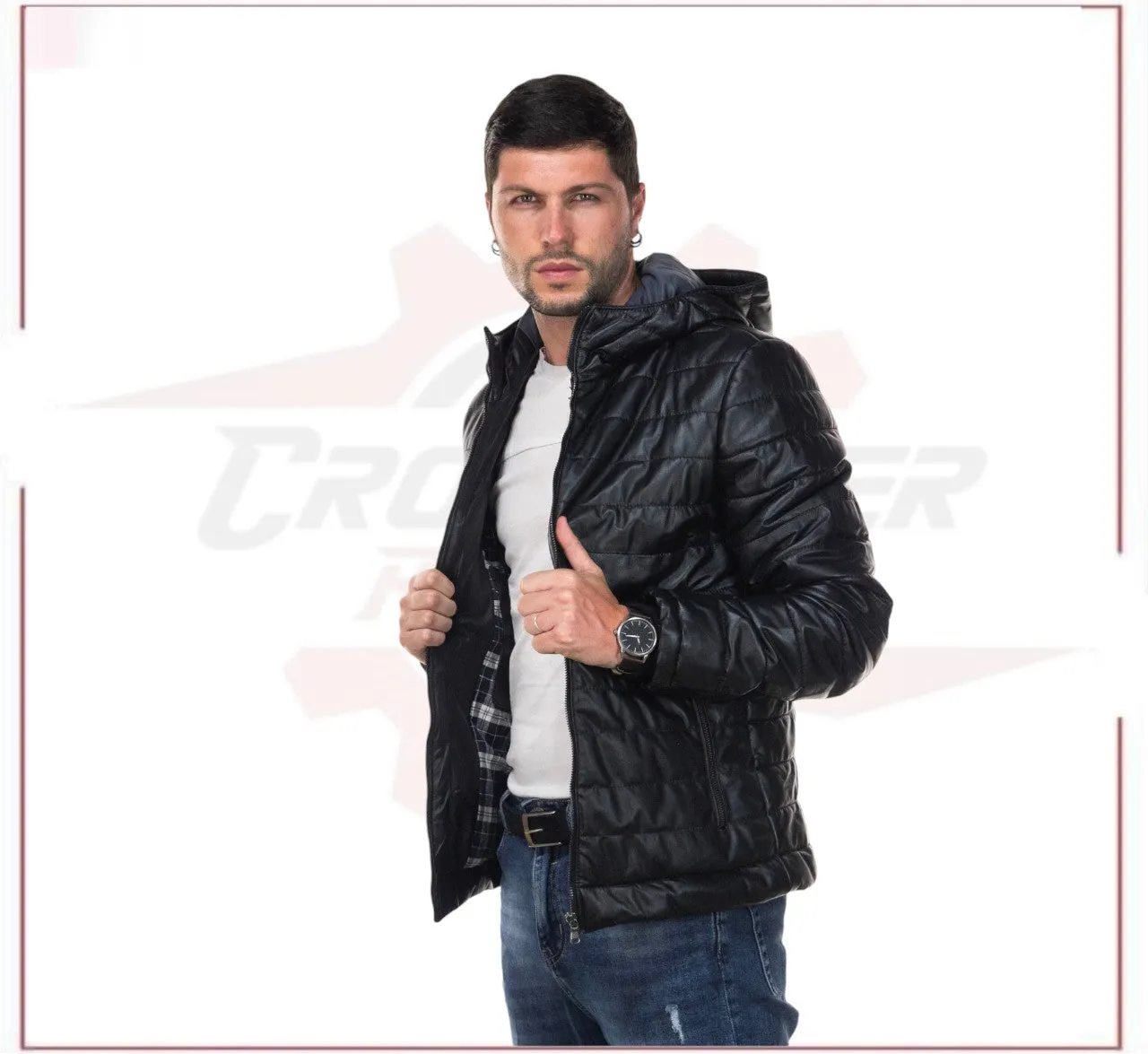 Rio - Men's Down Jacket in Genuine Black Leather