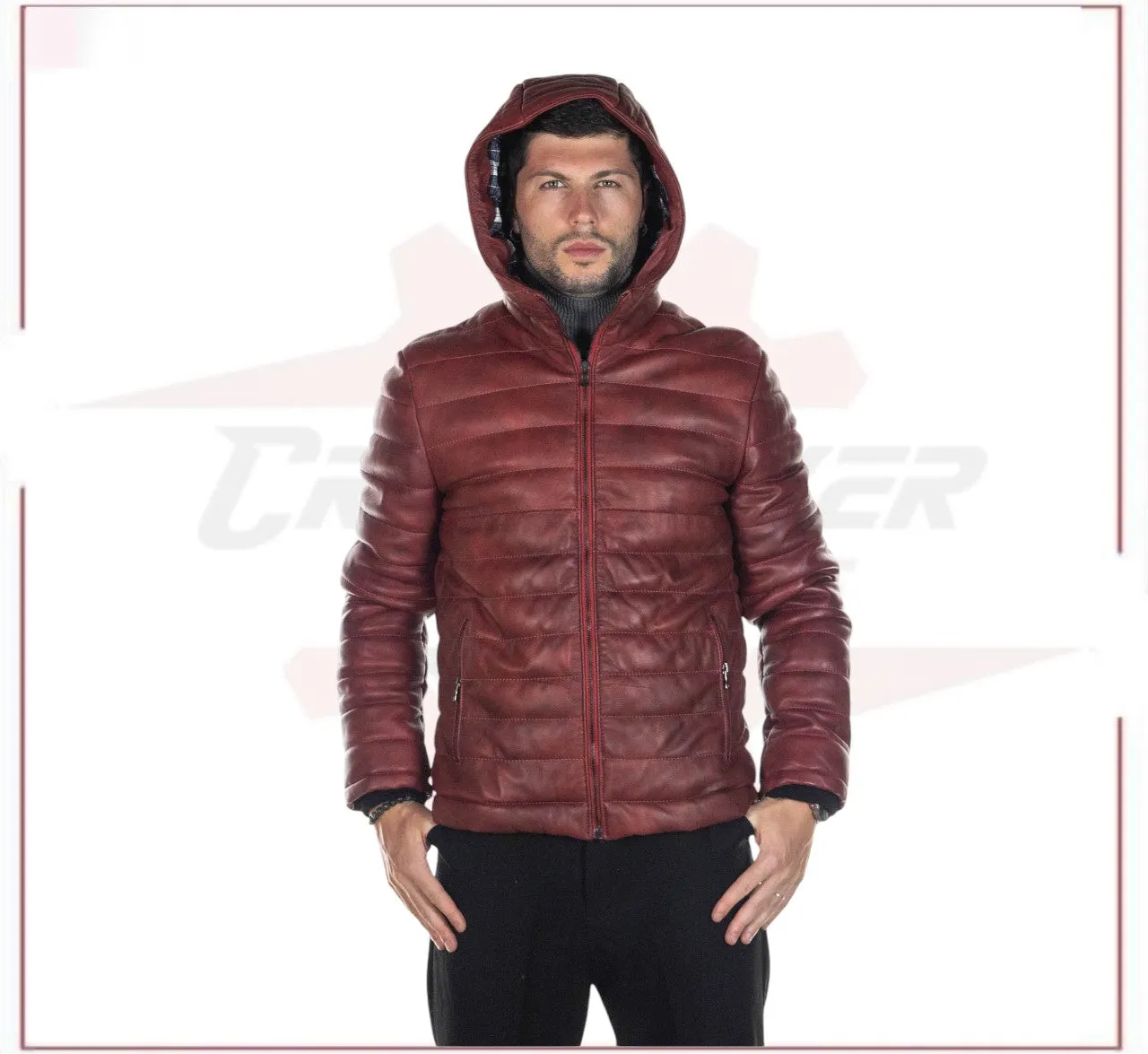 Rio - Men's Down Jacket in Genuine Bordeaux Leather