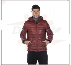 Rio - Men's Down Jacket in Genuine Bordeaux Leather