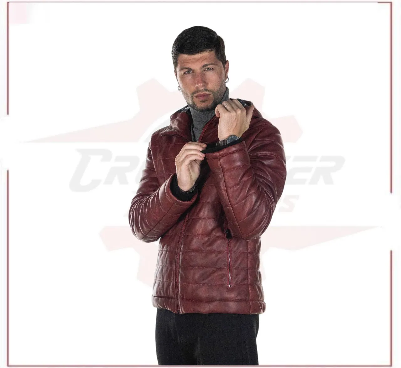 Rio - Men's Down Jacket in Genuine Bordeaux Leather