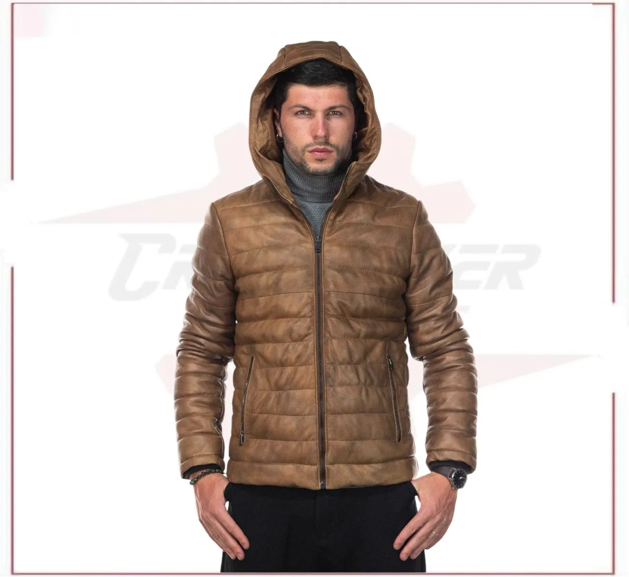 Rio - Men's Down Jacket in Genuine Brown Leather