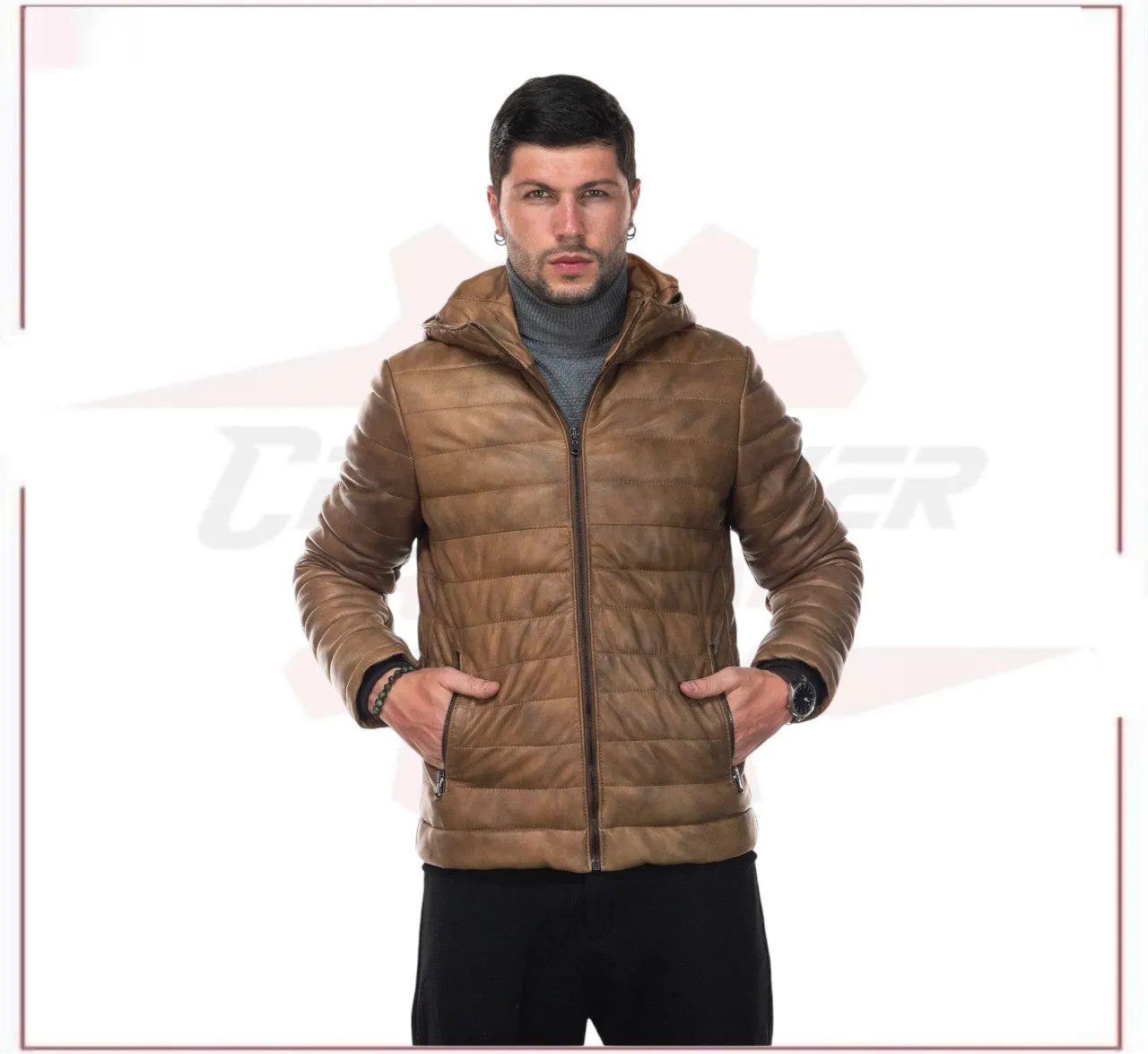 Rio - Men's Down Jacket in Genuine Brown Leather