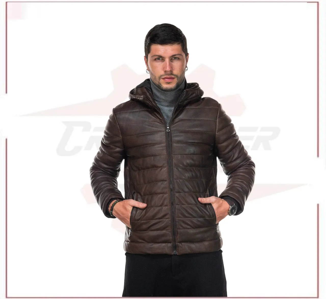 Rio - Men's Down Jacket in Genuine Dark Brown Leather