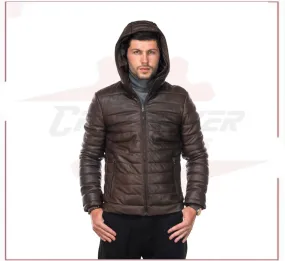 Rio - Men's Down Jacket in Genuine Dark Brown Leather